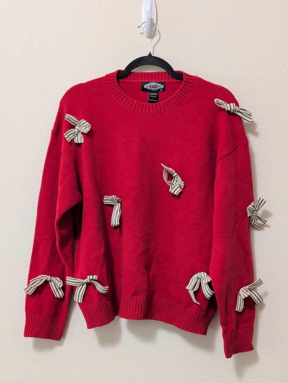 Olivers Red Crewneck Sweater with Striped Bow Accents